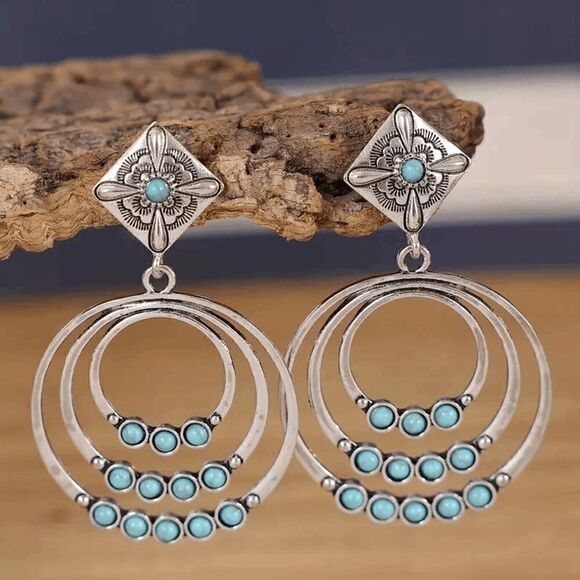Western Round Geometric Silver Turquoise Dangle Earrings - Picture 3 of 5